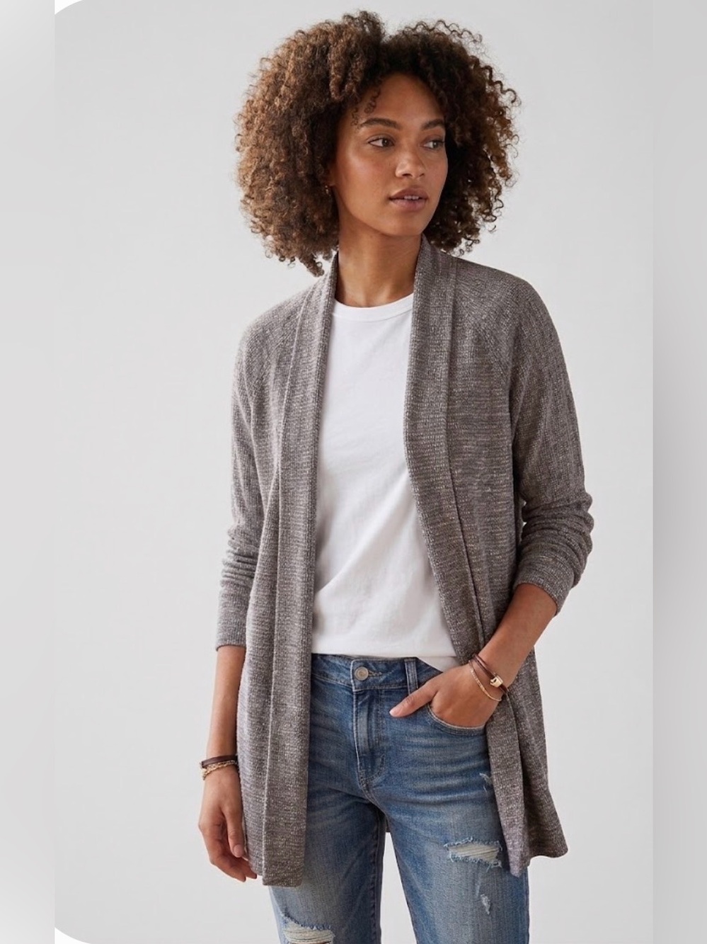 American Eagle Marled Waffle Knit Open Front Cardigan
